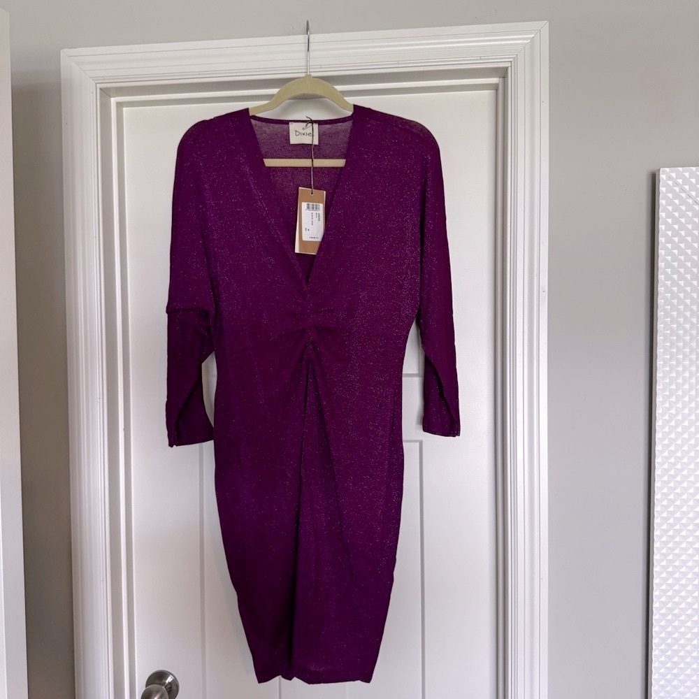 Dixie Malva gathered v neck purple metallic dress size M new with tags - Picture 8 of 11